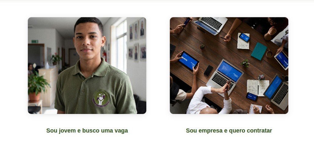 À esquerda: jovem candidato. À direita: reunião em empresa.